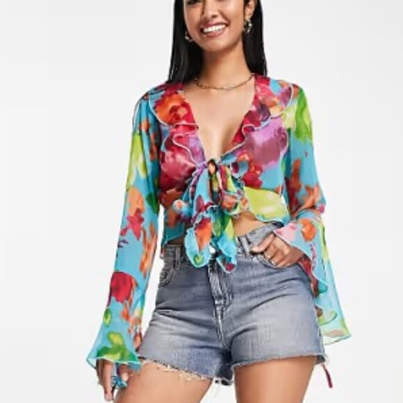 ASOS Design Tie Front Sheer Blouse With Frill Neck In Blue Bright Floral - Picture 1 of 16